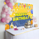 Aperturee - Aperturee Yellow Dots Denim Balloons Banana Birthday Backdrop